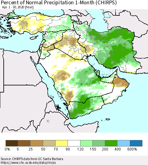 Middle East and Turkey Percent of Normal Precipitation 1-Month (CHIRPS) Thematic Map For 4/1/2020 - 4/30/2020