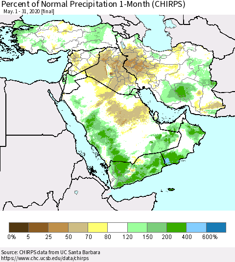 Middle East and Turkey Percent of Normal Precipitation 1-Month (CHIRPS) Thematic Map For 5/1/2020 - 5/31/2020