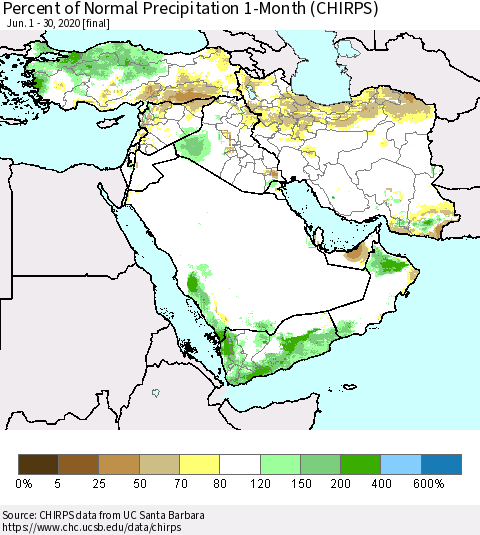 Middle East and Turkey Percent of Normal Precipitation 1-Month (CHIRPS) Thematic Map For 6/1/2020 - 6/30/2020