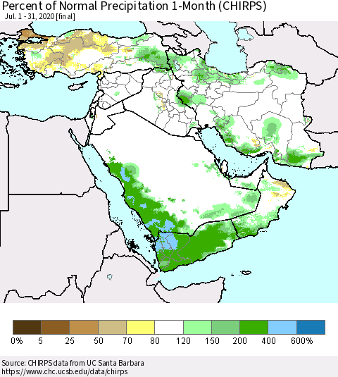 Middle East and Turkey Percent of Normal Precipitation 1-Month (CHIRPS) Thematic Map For 7/1/2020 - 7/31/2020