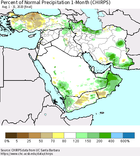 Middle East and Turkey Percent of Normal Precipitation 1-Month (CHIRPS) Thematic Map For 8/1/2020 - 8/31/2020