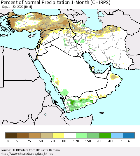 Middle East and Turkey Percent of Normal Precipitation 1-Month (CHIRPS) Thematic Map For 9/1/2020 - 9/30/2020