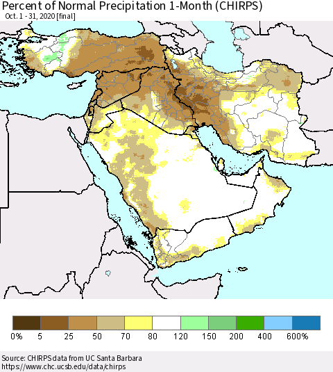 Middle East and Turkey Percent of Normal Precipitation 1-Month (CHIRPS) Thematic Map For 10/1/2020 - 10/31/2020