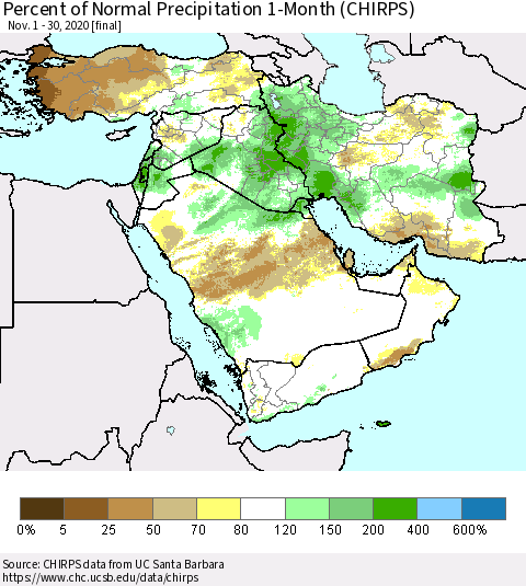 Middle East and Turkey Percent of Normal Precipitation 1-Month (CHIRPS) Thematic Map For 11/1/2020 - 11/30/2020