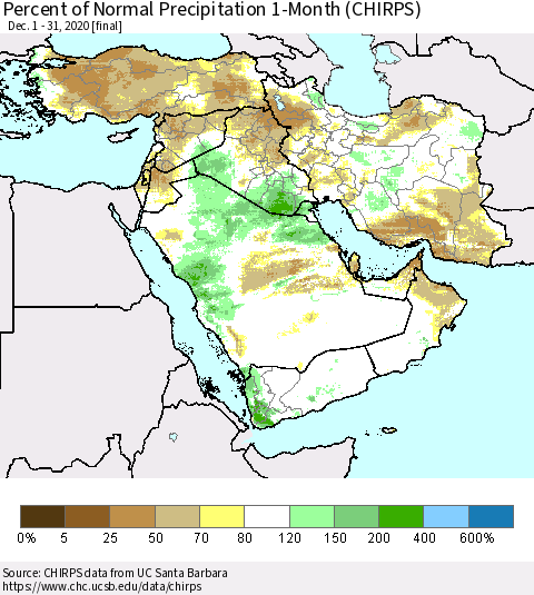 Middle East and Turkey Percent of Normal Precipitation 1-Month (CHIRPS) Thematic Map For 12/1/2020 - 12/31/2020