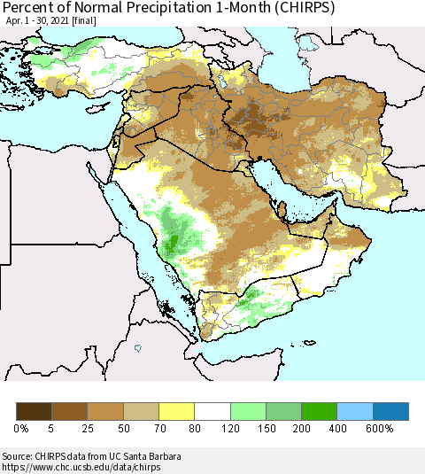 Middle East and Turkey Percent of Normal Precipitation 1-Month (CHIRPS) Thematic Map For 4/1/2021 - 4/30/2021