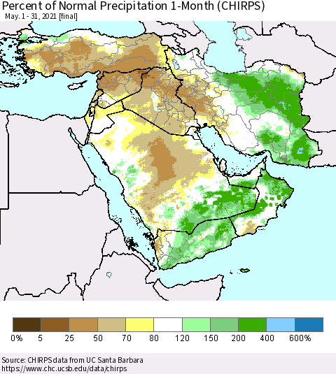 Middle East and Turkey Percent of Normal Precipitation 1-Month (CHIRPS) Thematic Map For 5/1/2021 - 5/31/2021