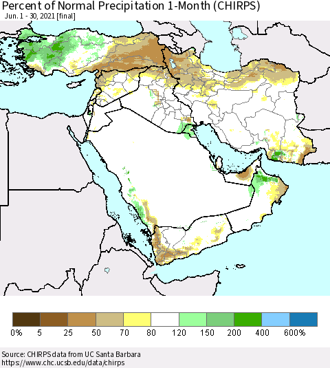Middle East and Turkey Percent of Normal Precipitation 1-Month (CHIRPS) Thematic Map For 6/1/2021 - 6/30/2021