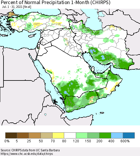 Middle East and Turkey Percent of Normal Precipitation 1-Month (CHIRPS) Thematic Map For 7/1/2021 - 7/31/2021