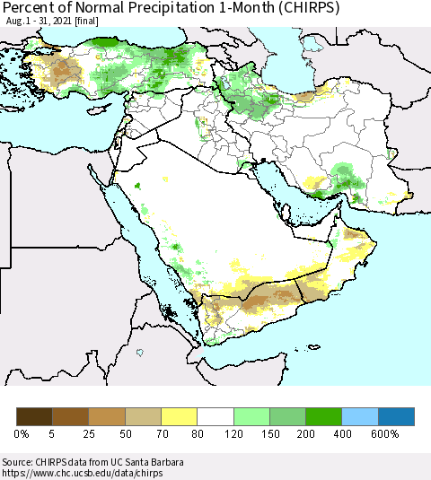 Middle East and Turkey Percent of Normal Precipitation 1-Month (CHIRPS) Thematic Map For 8/1/2021 - 8/31/2021
