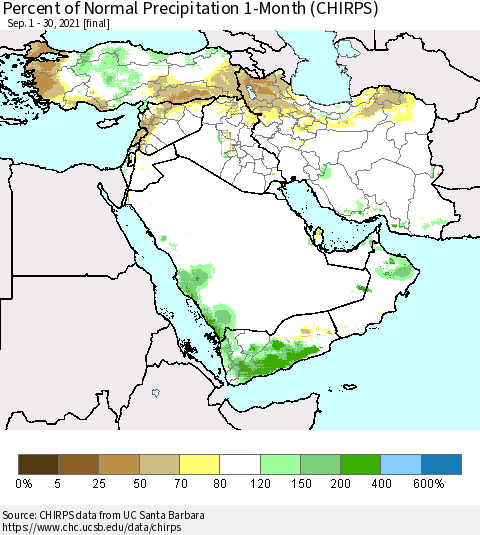 Middle East and Turkey Percent of Normal Precipitation 1-Month (CHIRPS) Thematic Map For 9/1/2021 - 9/30/2021