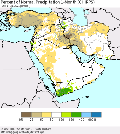 Middle East and Turkey Percent of Normal Precipitation 1-Month (CHIRPS) Thematic Map For 10/1/2021 - 10/31/2021