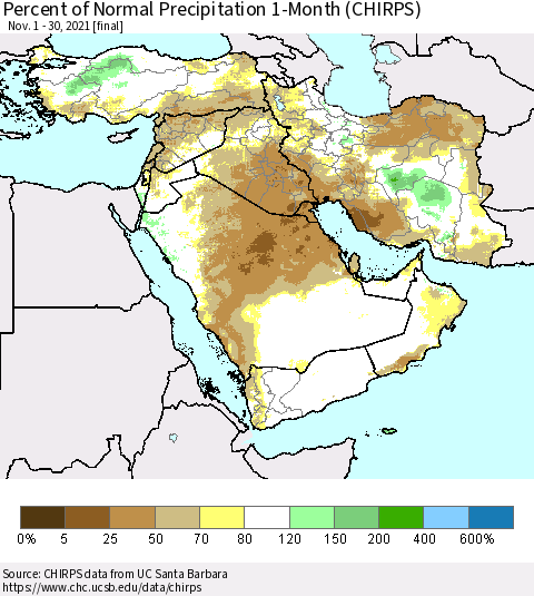 Middle East and Turkey Percent of Normal Precipitation 1-Month (CHIRPS) Thematic Map For 11/1/2021 - 11/30/2021