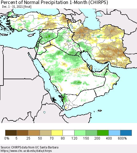 Middle East and Turkey Percent of Normal Precipitation 1-Month (CHIRPS) Thematic Map For 12/1/2021 - 12/31/2021