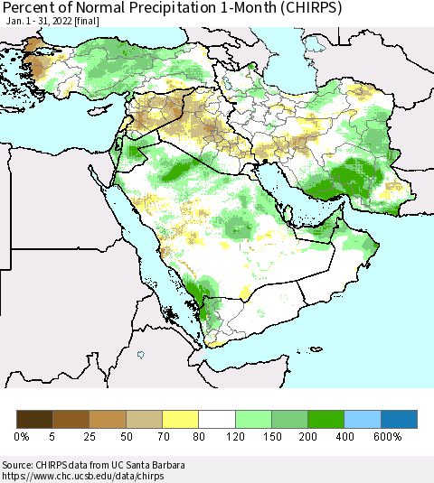 Middle East and Turkey Percent of Normal Precipitation 1-Month (CHIRPS) Thematic Map For 1/1/2022 - 1/31/2022