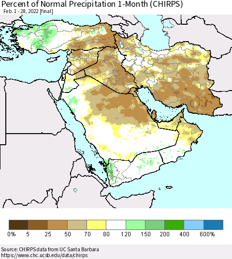 Middle East and Turkey Percent of Normal Precipitation 1-Month (CHIRPS) Thematic Map For 2/1/2022 - 2/28/2022