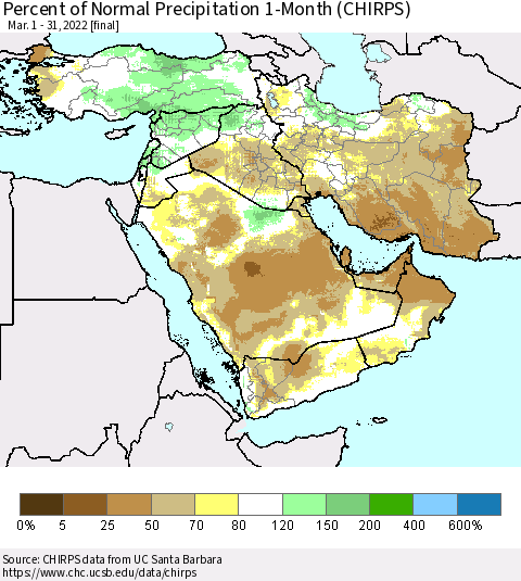 Middle East and Turkey Percent of Normal Precipitation 1-Month (CHIRPS) Thematic Map For 3/1/2022 - 3/31/2022