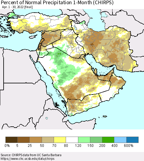 Middle East and Turkey Percent of Normal Precipitation 1-Month (CHIRPS) Thematic Map For 4/1/2022 - 4/30/2022