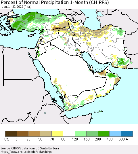 Middle East and Turkey Percent of Normal Precipitation 1-Month (CHIRPS) Thematic Map For 6/1/2022 - 6/30/2022