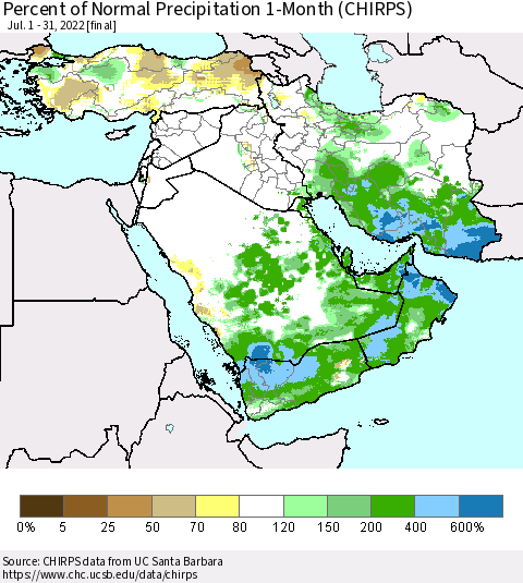 Middle East and Turkey Percent of Normal Precipitation 1-Month (CHIRPS) Thematic Map For 7/1/2022 - 7/31/2022
