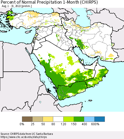 Middle East and Turkey Percent of Normal Precipitation 1-Month (CHIRPS) Thematic Map For 8/1/2022 - 8/31/2022