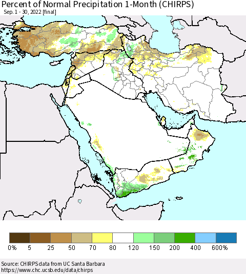 Middle East and Turkey Percent of Normal Precipitation 1-Month (CHIRPS) Thematic Map For 9/1/2022 - 9/30/2022