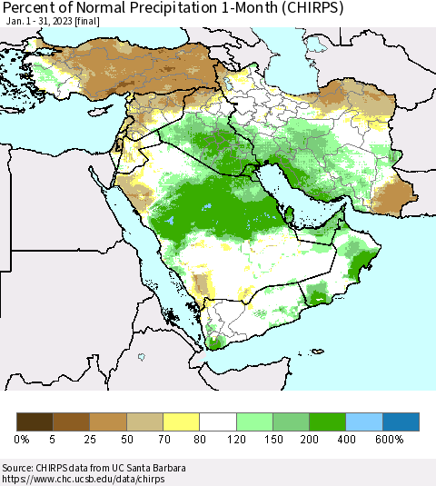 Middle East and Turkey Percent of Normal Precipitation 1-Month (CHIRPS) Thematic Map For 1/1/2023 - 1/31/2023