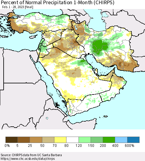 Middle East and Turkey Percent of Normal Precipitation 1-Month (CHIRPS) Thematic Map For 2/1/2023 - 2/28/2023