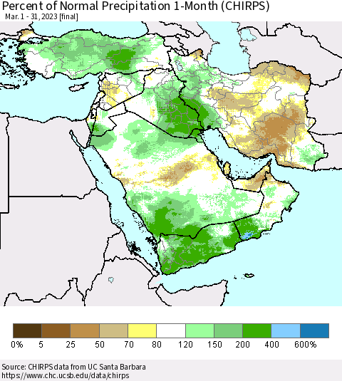 Middle East and Turkey Percent of Normal Precipitation 1-Month (CHIRPS) Thematic Map For 3/1/2023 - 3/31/2023