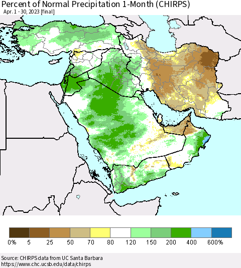 Middle East and Turkey Percent of Normal Precipitation 1-Month (CHIRPS) Thematic Map For 4/1/2023 - 4/30/2023