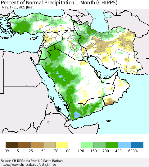 Middle East and Turkey Percent of Normal Precipitation 1-Month (CHIRPS) Thematic Map For 5/1/2023 - 5/31/2023