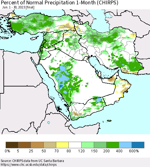 Middle East and Turkey Percent of Normal Precipitation 1-Month (CHIRPS) Thematic Map For 6/1/2023 - 6/30/2023