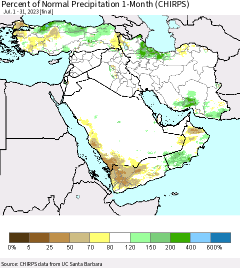 Middle East and Turkey Percent of Normal Precipitation 1-Month (CHIRPS) Thematic Map For 7/1/2023 - 7/31/2023