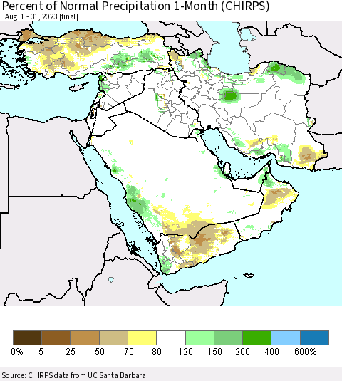 Middle East and Turkey Percent of Normal Precipitation 1-Month (CHIRPS) Thematic Map For 8/1/2023 - 8/31/2023