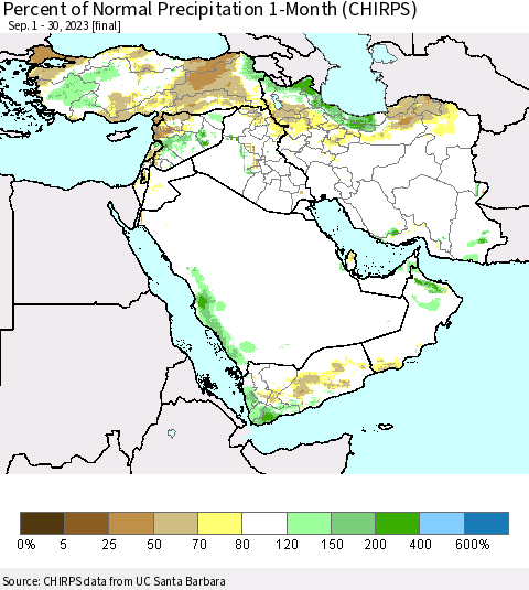 Middle East and Turkey Percent of Normal Precipitation 1-Month (CHIRPS) Thematic Map For 9/1/2023 - 9/30/2023