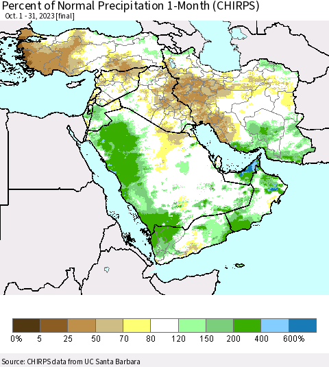 Middle East and Turkey Percent of Normal Precipitation 1-Month (CHIRPS) Thematic Map For 10/1/2023 - 10/31/2023