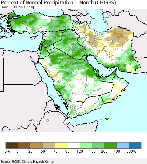 Middle East and Turkey Percent of Normal Precipitation 1-Month (CHIRPS) Thematic Map For 11/1/2023 - 11/30/2023