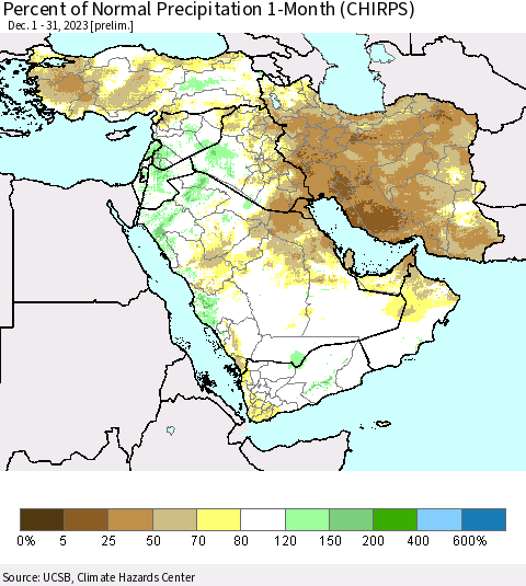 Middle East and Turkey Percent of Normal Precipitation 1-Month (CHIRPS) Thematic Map For 12/1/2023 - 12/31/2023
