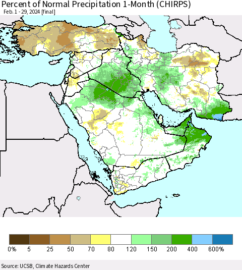 Middle East and Turkey Percent of Normal Precipitation 1-Month (CHIRPS) Thematic Map For 2/1/2024 - 2/29/2024