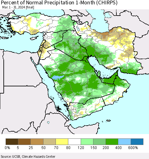 Middle East and Turkey Percent of Normal Precipitation 1-Month (CHIRPS) Thematic Map For 3/1/2024 - 3/31/2024