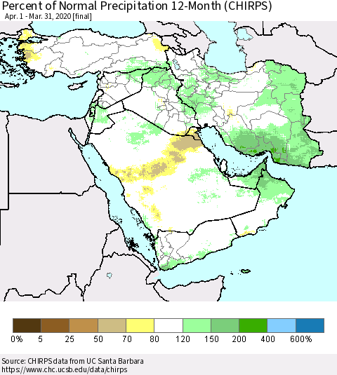 Middle East and Turkey Percent of Normal Precipitation 12-Month (CHIRPS) Thematic Map For 4/1/2019 - 3/31/2020