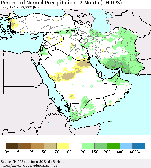 Middle East and Turkey Percent of Normal Precipitation 12-Month (CHIRPS) Thematic Map For 5/1/2019 - 4/30/2020