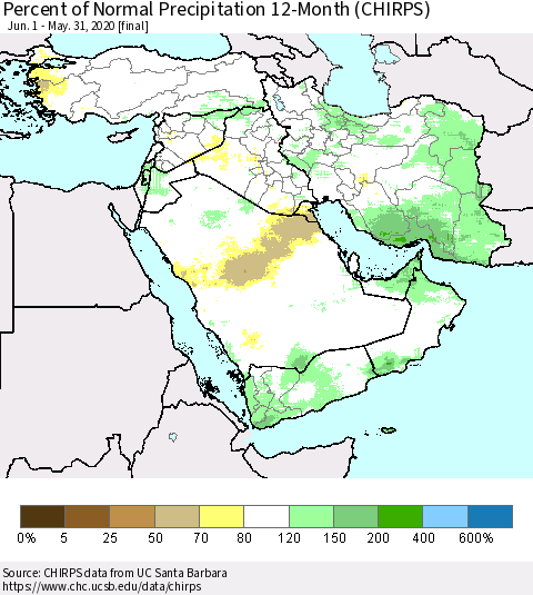 Middle East and Turkey Percent of Normal Precipitation 12-Month (CHIRPS) Thematic Map For 6/1/2019 - 5/31/2020