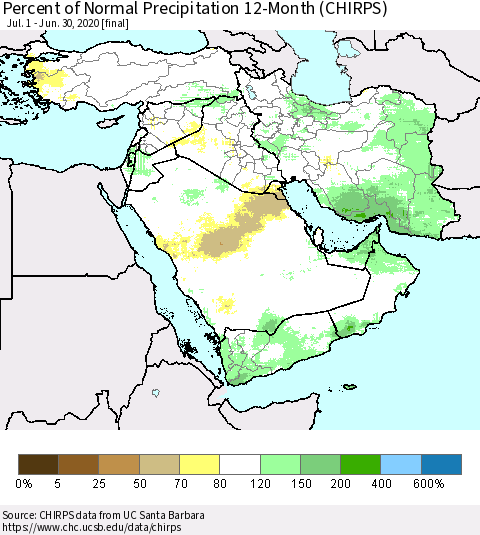 Middle East and Turkey Percent of Normal Precipitation 12-Month (CHIRPS) Thematic Map For 7/1/2019 - 6/30/2020