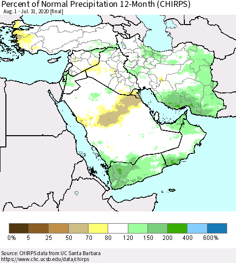 Middle East and Turkey Percent of Normal Precipitation 12-Month (CHIRPS) Thematic Map For 8/1/2019 - 7/31/2020