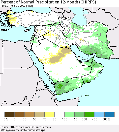 Middle East and Turkey Percent of Normal Precipitation 12-Month (CHIRPS) Thematic Map For 9/1/2019 - 8/31/2020