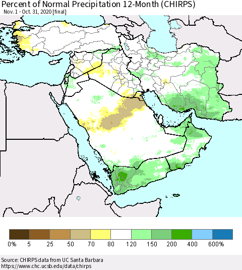 Middle East and Turkey Percent of Normal Precipitation 12-Month (CHIRPS) Thematic Map For 11/1/2019 - 10/31/2020