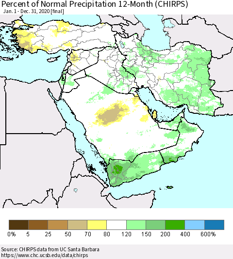 Middle East and Turkey Percent of Normal Precipitation 12-Month (CHIRPS) Thematic Map For 1/1/2020 - 12/31/2020