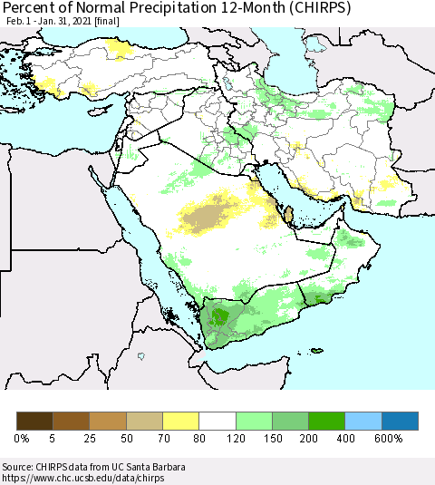 Middle East and Turkey Percent of Normal Precipitation 12-Month (CHIRPS) Thematic Map For 2/1/2020 - 1/31/2021
