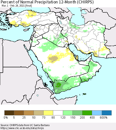 Middle East and Turkey Percent of Normal Precipitation 12-Month (CHIRPS) Thematic Map For 3/1/2020 - 2/28/2021